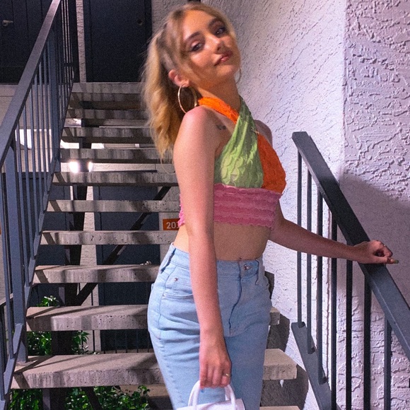 Multi-Colored Cross Neck Open Back Crop Top - Picture 1 of 2